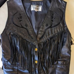 Black Leather Fringe Vest with Conchos
